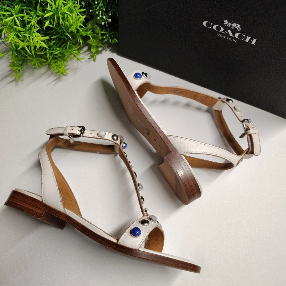 Coach Sadie T-Strap Sandals Chalk Leather Ankle Strap Q8973 NIB